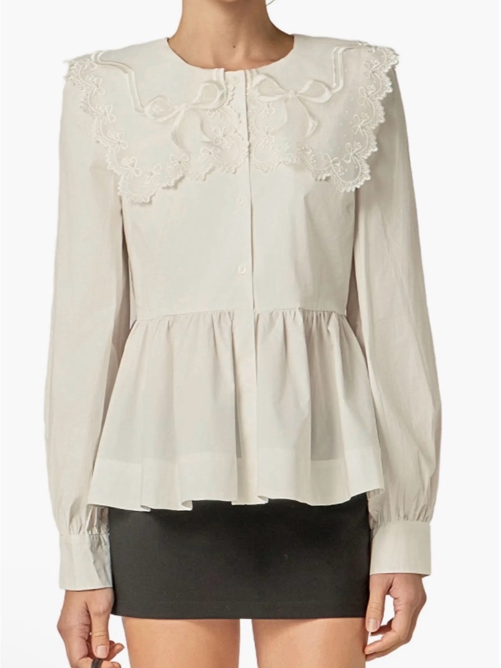English Factory White Embroidered Peter Pan Collar Peplum Blouse